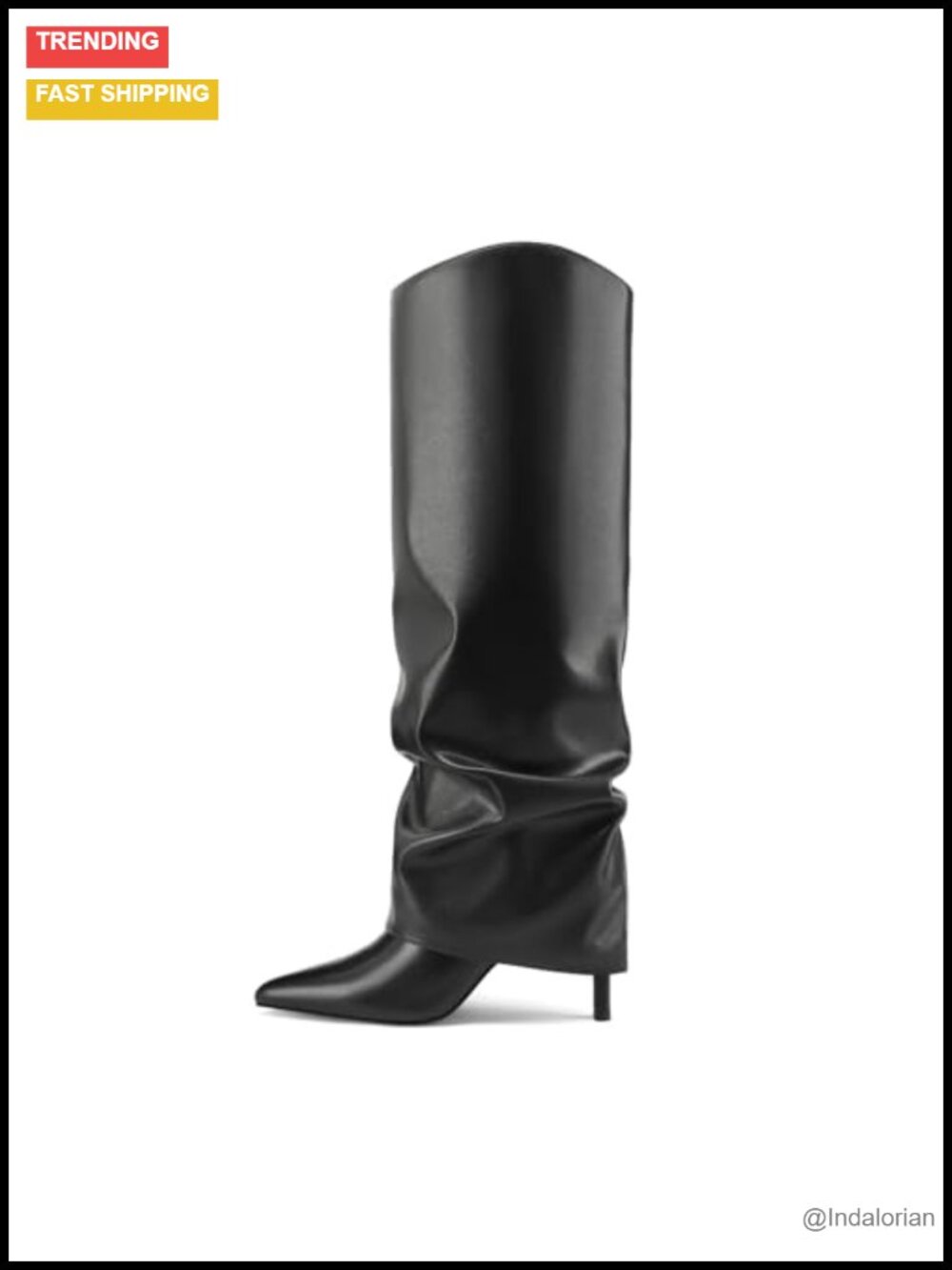 Faux Leather Fold Over Knee High Boots Pointed Toe Slouch Heeled Women